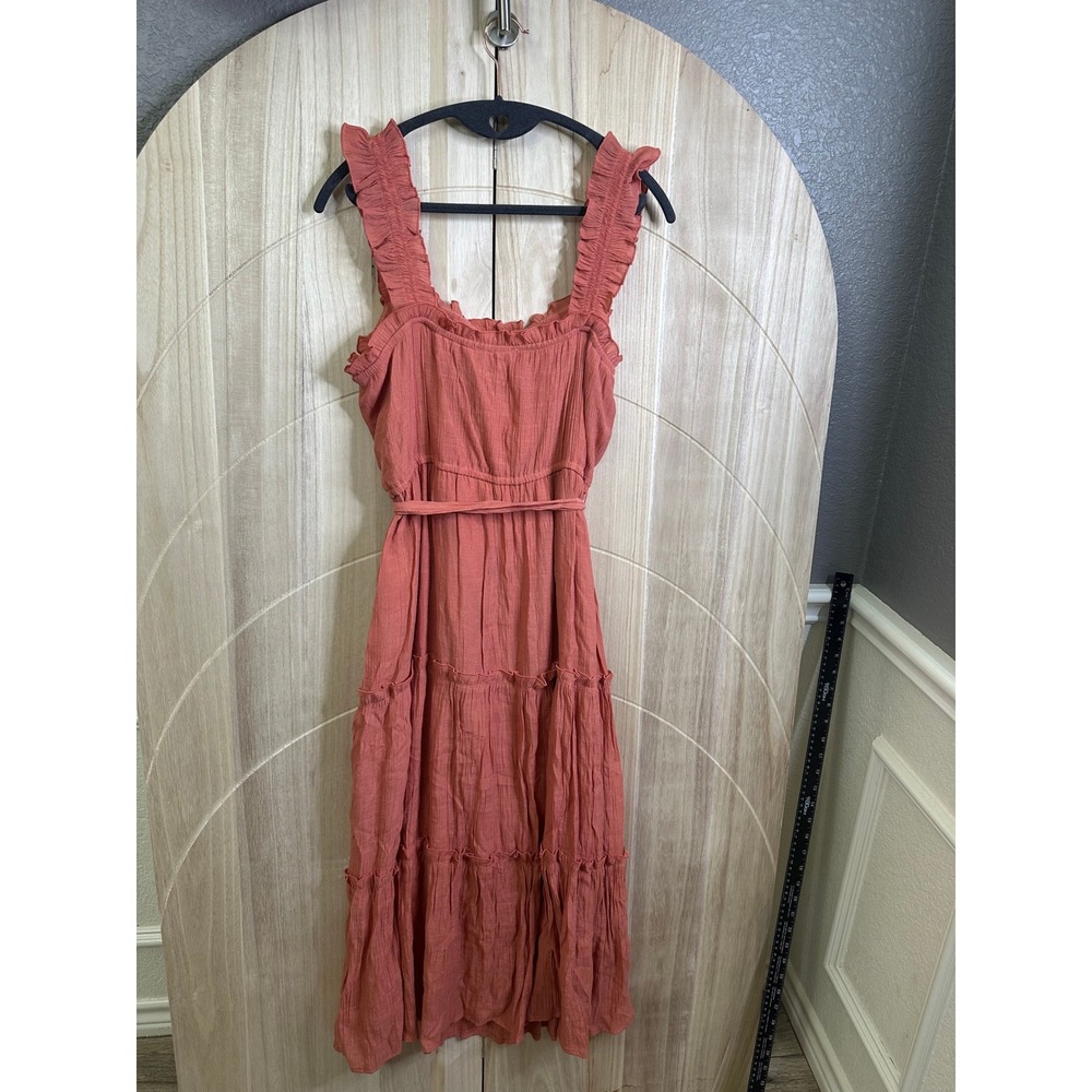 June & Hudson Women's Maxi Dress Ruffle Strap‎ Tiered Tie Waist Coral L
